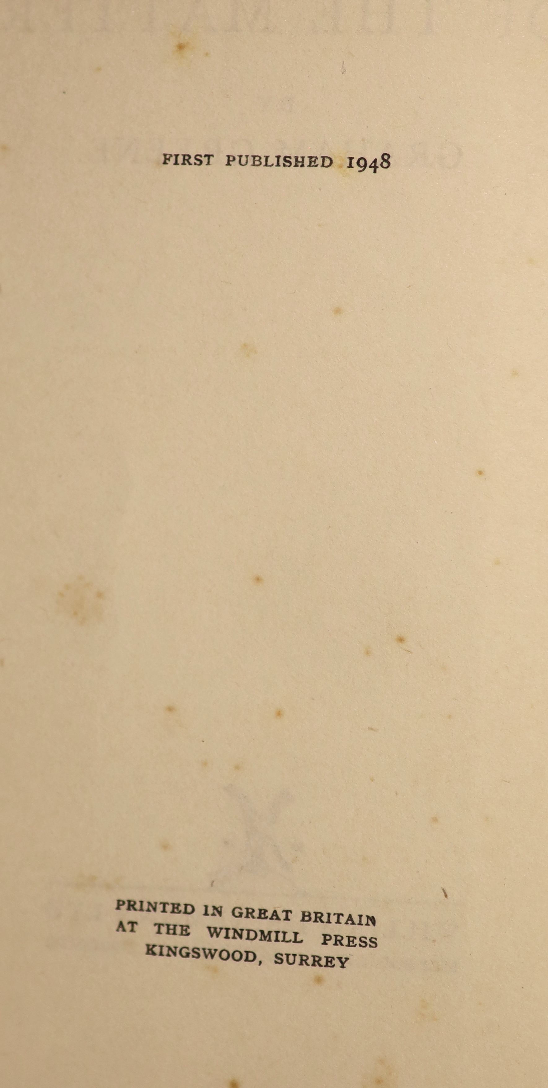 Greene, Graham - The Heart of the Matter, 1st edition, original blue cloth, in unclipped d/j with tears and loss, ink inscription to front fly leaf, text with occasional spotting,William Heinemann, London, 1948